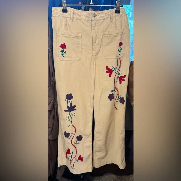 Free People Cream Embroidered Flare Jeans